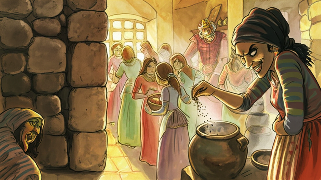 A watercolor illustration of King, partially hidden behind a rough stone wall in the kitchen, observing his seven daughters cooking. The scene is brightly lit by sunlight streaming through a window. The Prudhan’s widow is in the foreground, her face shadowed and contorted in a sinister smile, sprinkling dirt into the King’s food while the princesses are distracted, their backs to her. The King’s expression is worried. The princesses are cooking various foods, steam rising from the pots, unaware of the widow’s scheme. The color palette is warm, with golden yellows and earthy browns. The texture of the stone wall is rough and porous, while the kitchen utensils have a well-worn appearance. The princesses are dressed in colorful, hand-stitched garments. Watercolor style: soft blending, natural flow, luminous quality.