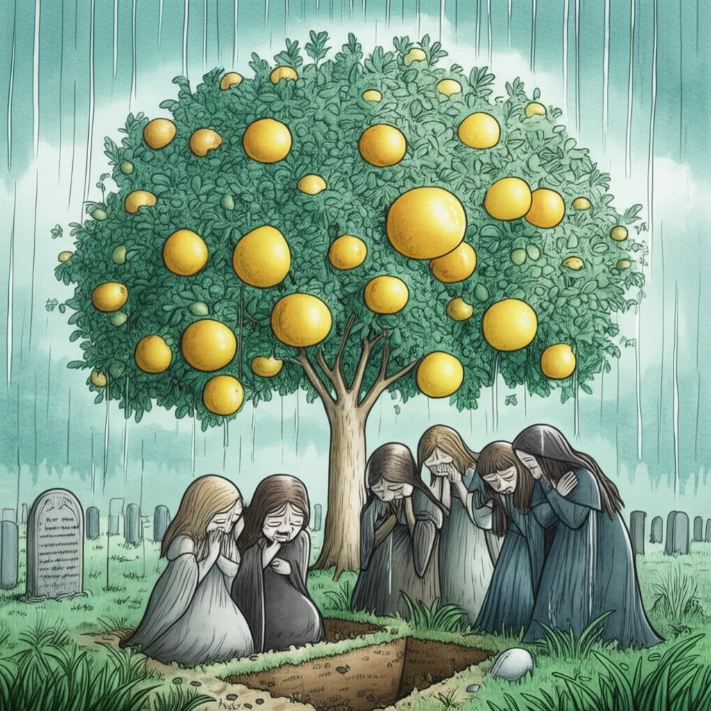 A watercolor illustration of the seven princesses weeping beside a freshly dug grave in a somber, overcast morning. Rain is lightly falling, creating a sheen on the freshly turned earth. From the grave grows a lush pomelo tree laden with ripe, golden pomelos, a burst of vibrant color against the muted grey and brown of the graveyard. The princesses are huddled together, their faces tear-stained and grief-stricken, dressed in simple, dark clothing. The headstone is simple, with faded inscription. The color palette is primarily cool grays, blues, and greens, with the bright yellow pomelos providing a stark contrast. Watercolor style: soft blending, natural flow, with emphasis on conveying emotion through brushstrokes and washes.