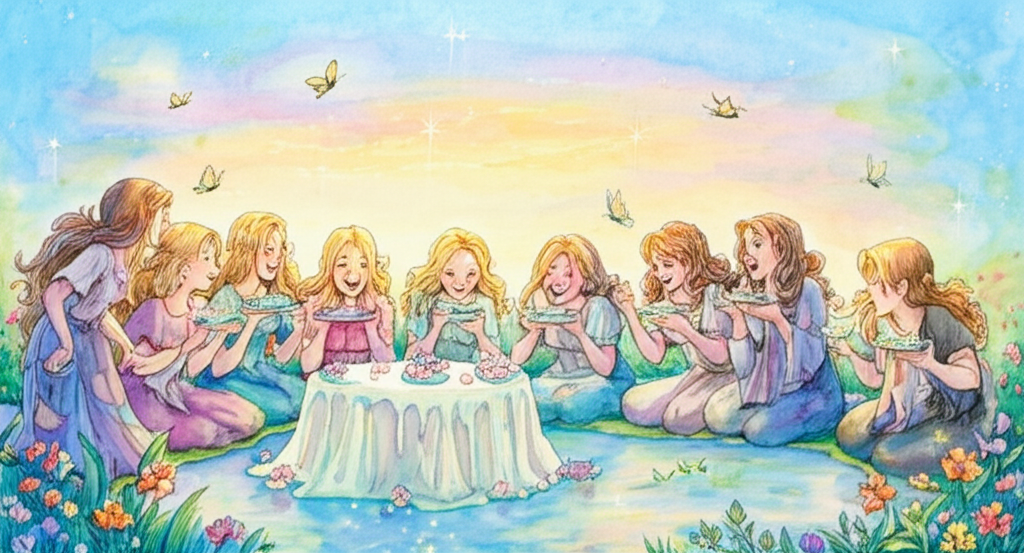 A watercolor illustration of the seven princesses seated near a small pond transformed into a white, iced cake-like substance, bathed in the soft glow of the late afternoon sun. Each princess happily enjoys a portion of the cake, their faces illuminated with delight. The Prudhan’s daughter, dressed in ragged clothes, observes them from the side with a mixture of envy and anger, her hands clenched into fists. The cake-pond is adorned with delicate sugar flowers and glistening icing. Butterflies flutter around the scene. The color palette is pastel and inviting, with pinks, yellows, and blues dominating. Watercolor style: soft blending, natural flow, with delicate details and a dreamlike quality.