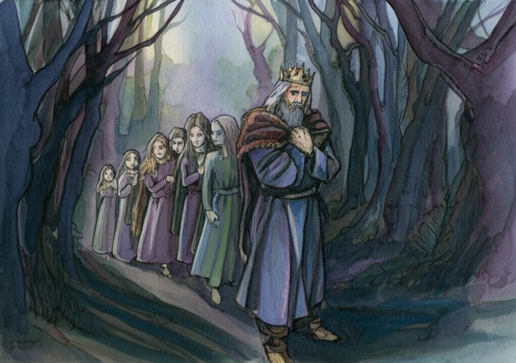 A watercolor illustration of the King, saddened and conflicted, leading his seven daughters through a dark and foreboding forest at twilight. Long shadows stretch across the forest floor. He is glancing back at them with a remorseful expression, his brow furrowed and eyes filled with regret. The princesses look scared and confused, their faces pale in the fading light. Twisted branches reach out like skeletal fingers. The color palette is dominated by dark greens, browns, and purples, creating a sense of unease and foreboding. The texture of the tree bark is rough and gnarled. Watercolor style: soft blending, natural flow, with emphasis on creating a sense of depth and atmosphere.