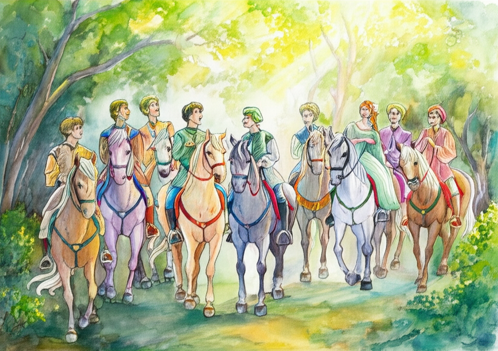 A watercolor illustration of seven handsome princes, each taking a princess onto horseback in a lush, sun-dappled, green forest clearing. Balna is being helped onto a white horse by the most handsome Prince, their eyes meeting in a moment of connection. The other princes and princesses are laughing and smiling, their colorful garments creating a vibrant scene. Sunlight filters through the leaves, casting dappled shadows on the ground. The horses are beautifully rendered, with flowing manes and tails. The color palette is bright and cheerful, with vibrant greens, blues, and golds. Watercolor style: soft blending, natural flow, with detailed rendering of figures and horses.