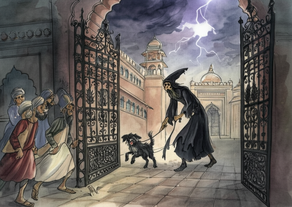 A watercolor illustration of Balna, transformed into a small, shivering, black dog, being dragged away by a sinister-looking Fakir (Punchkin) in a long, tattered black robe under a stormy sky. Dark clouds swirl ominously. Servants are watching from the intricately carved palace gate, looking puzzled and worried. Their faces are filled with concern. Lightning flashes in the distance. The color palette is dark and ominous, with blacks, grays, and purples dominating. The textures of the Fakir’s robe and the palace gate are detailed and realistic. Watercolor style: soft blending, natural flow, with emphasis on creating a sense of drama and tension.