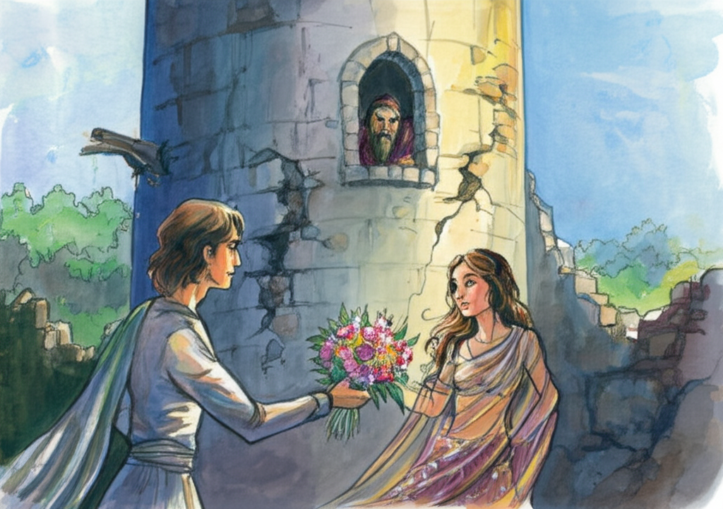 A watercolor illustration of a young prince, disguised as a girl in a shimmering, silk saree, offering a bouquet of vibrant flowers to a beautiful woman (Balna) imprisoned in a tall, crumbling, stone tower bathed in the warm light of a setting sun. A menacing magician (Punchkin) with piercing eyes and a long, pointed beard is watching them carefully from a nearby window, his face twisted in anger. Balna looks hopeful but weary, a single tear rolling down her cheek. The flowers are a mix of bright colors, providing a vibrant contrast to the gray stone of the tower. Watercolor style: soft blending, natural flow, with emphasis on creating a sense of romance and suspense.