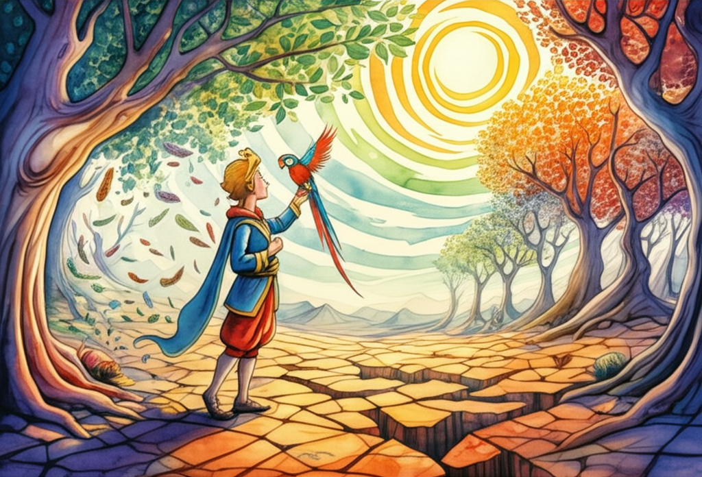A watercolor illustration of the young prince holding a small, colorful parrot, standing before a barren, cracked earth landscape suddenly springing to life under a bright, hopeful sun. Trees transform into joyful people, their faces lit with happiness, and stones transform into elegant horses, ready to ride. The magician Punchkin is beginning to fall apart, his form dissolving into dust and feathers. The color palette explodes with vibrant greens, blues, yellows, and reds, symbolizing the restoration of life and hope. Watercolor style: soft blending, natural flow, with a focus on capturing the magical transformation and the demise of the magician.