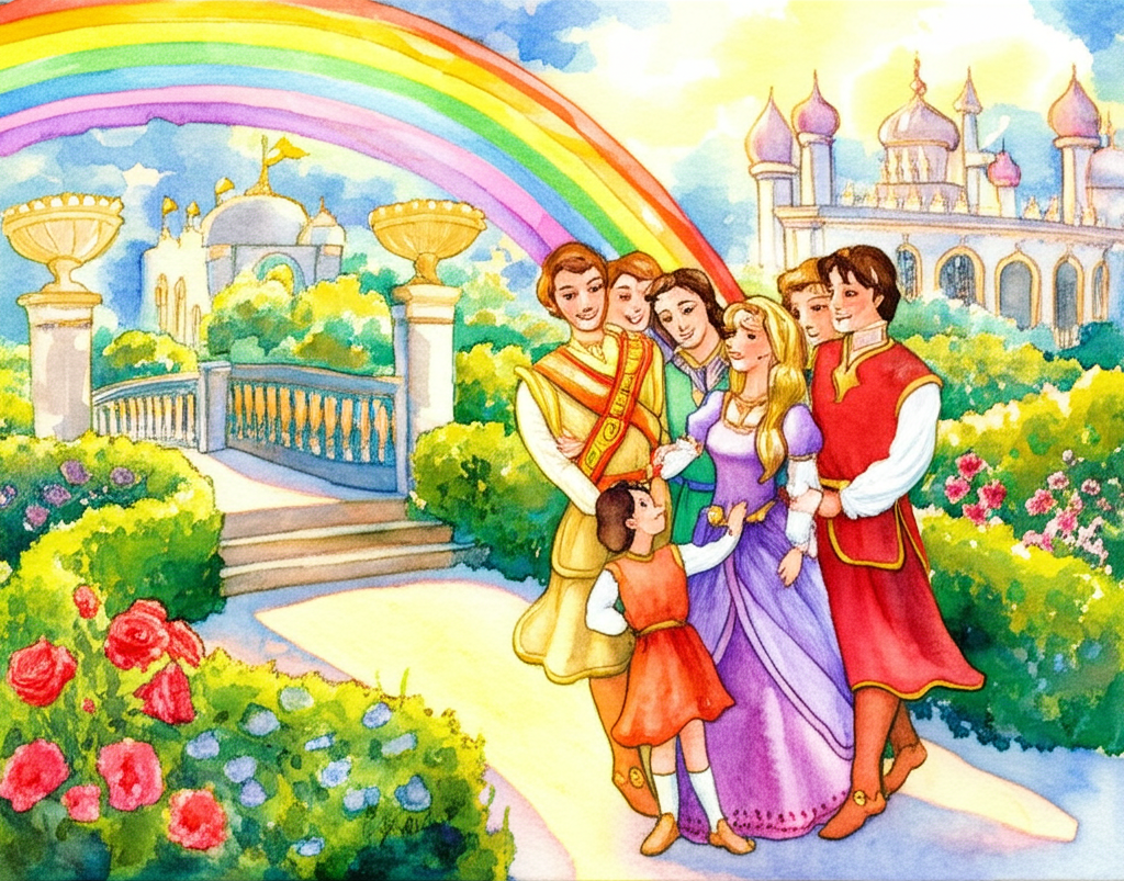 A watercolor illustration of the reunited Balna, her son, and the seven princes, happily embracing in a thriving kingdom bathed in golden sunlight. Lush gardens surround them, bursting with colorful flowers. A rainbow arches overhead, symbolizing their restored happiness and prosperity. Balna’s son is a young boy, full of joy and energy. The princes are handsome and noble, their faces filled with love and relief. Buildings with ornate architecture can be seen in the background. The color palette is warm and inviting, with bright yellows, greens, and blues dominating. Watercolor style: soft blending, natural flow, with emphasis on creating a sense of joy and celebration.