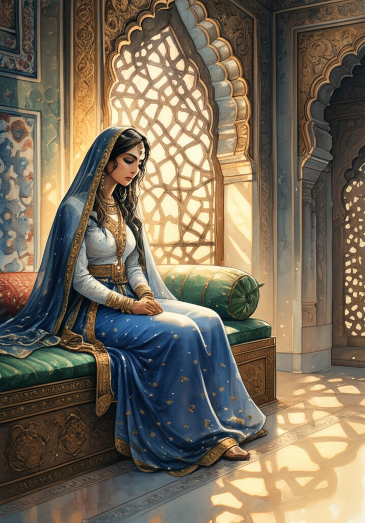 A watercolor illustration of Queen Lona, dressed in royal blue velvet robes trimmed with intricate gold embroidery, sitting sadly on a jade-inlaid divan in her opulent palace. Sunlight, a warm golden hue, streams through a large, arched window with delicate Mughal-inspired latticework, casting intricate shadows across the polished marble floor. Her gaze is downcast towards her lap, where her hands are clasped tightly, her knuckles white. A single, shimmering tear rolls down her cheek, catching the light. The palace architecture features intricate Mughal-inspired designs: ornate columns, jewel-toned mosaics, and tapestries depicting scenes of past glory. The color palette is dominated by deep blues and golds, creating a somber yet majestic atmosphere. Soft blending emphasizes the melancholic mood. Texture is subtly applied to the velvet robes and marble flooring.