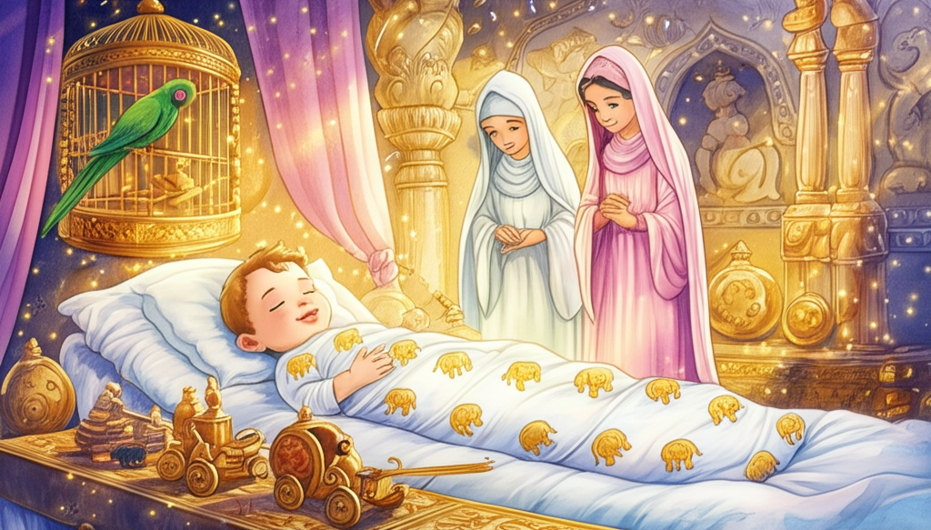 A watercolor illustration of a baby Prince Raja Rasalu, swaddled in white silk embroidered with tiny golden elephants, lying in a lavish underground chamber. The lighting is soft and diffused, emanating from hidden glowing crystals embedded in the walls, casting an ethereal, otherworldly glow. The chamber is filled with golden toys: miniature chariots, tiny jeweled swords, and a miniature Arabian horse foal with a flowing white mane. Two caring nurses, dressed in soft pastel pink and lavender robes, are watching over him, their faces etched with gentle affection. A vibrant emerald green parrot perches on an intricately carved golden cage, preening its feathers. The walls are adorned with ancient murals depicting mythical creatures. The color palette consists of soft pastels and shimmering golds, conveying a sense of peace and magic. The silk appears smooth, the gold reflects the light, and the murals have a weathered texture.
