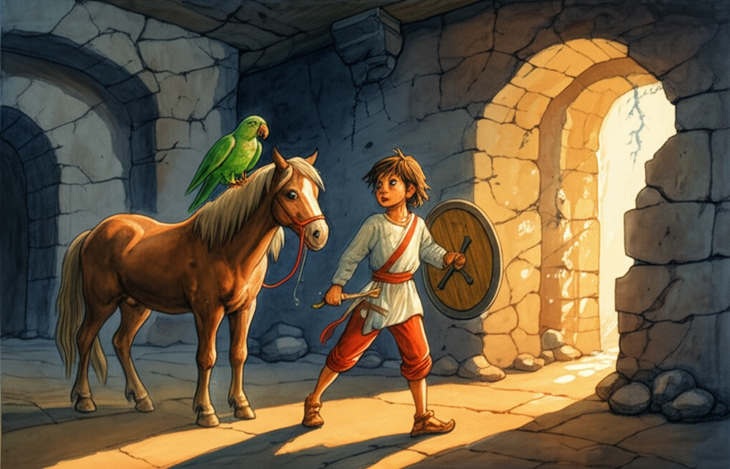A watercolor illustration of young Raja Rasalu, around 11 years old, inside the underground palace. He’s holding a crudely fashioned wooden sword and shield, their surfaces worn and marked from countless imaginary battles. He stands facing a cracked section of the wall, his eyes wide with longing as he gazes at a sliver of sunlight peeking through, illuminating dust motes dancing in the air. His pony, Bhaunr, a small, sturdy creature with a shaggy mane, stands beside him, nuzzling his arm. The vibrant green parrot, its feathers slightly ruffled, is perched on his shoulder, mimicking his restless movements. The lighting is dim, mostly reflected sunlight, with long shadows stretching across the chamber. The walls are rough stone, and the floor is covered with worn rugs. The overall tone is one of confinement and suppressed energy. The colors are muted, with pops of green from the parrot and the sunlight.