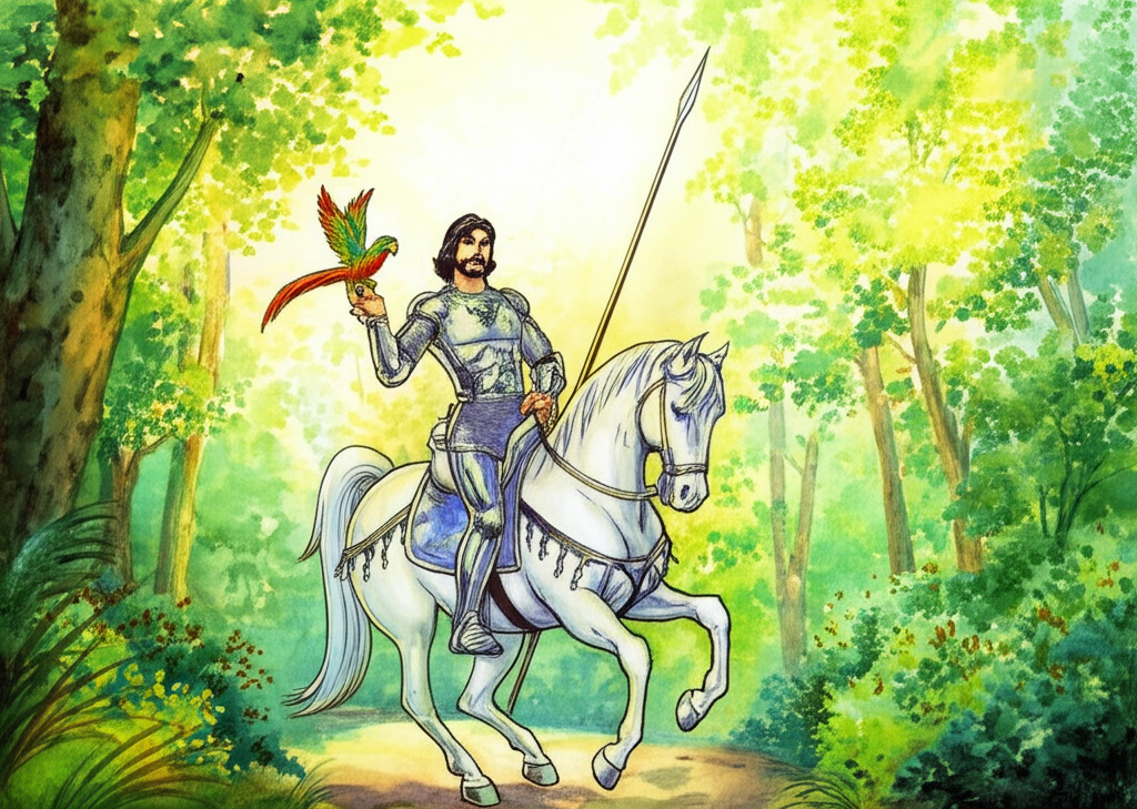 A watercolor illustration of Raja Rasalu, now a young man in gleaming silver armor, reflecting the sunlight, riding his white Arabian horse, Bhaunr, through a vibrant green forest. The light dappled through the leaves creates a mosaic of light and shadow. He holds a long spear, its tip pointing towards the horizon, and the parrot, its feathers now brilliantly iridescent, is perched confidently on his wrist. The sun is shining brightly, casting long shadows behind them. Raja Rasalu has a determined look on his face, his jaw set, and his eyes focused on his destination. The forest is dense with lush foliage, towering trees, and vibrant wildflowers. The textures are diverse: the smooth metal of the armor, the flowing mane of the horse, the rough bark of the trees. The color palette is dominated by greens and silvers, conveying a sense of adventure and purpose.
