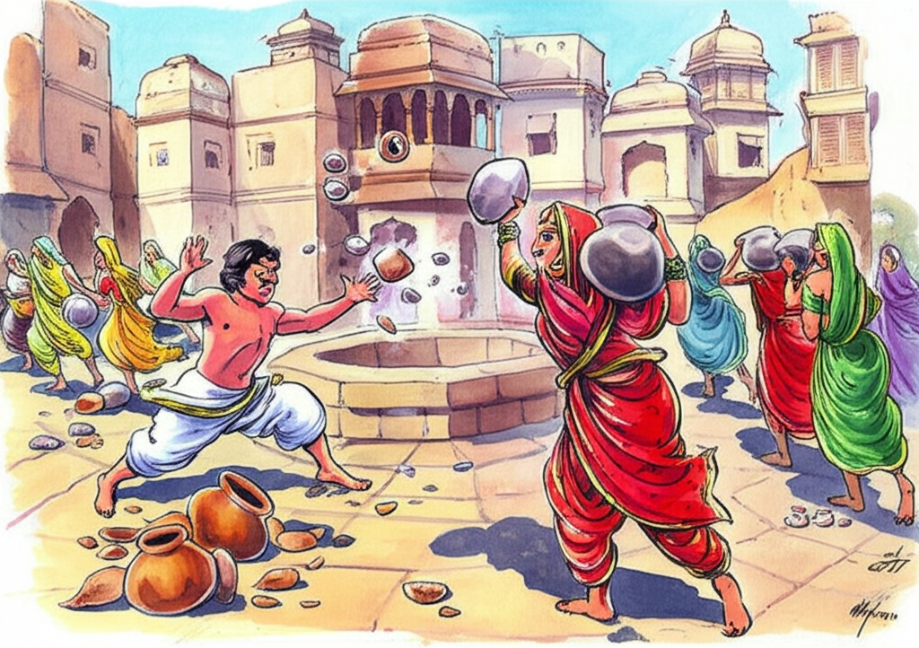 A watercolor illustration of Raja Rasalu breaking clay pots with stones at a well. The time of day is high noon, casting harsh shadows and creating a sense of chaotic energy. Raja Rasalu is throwing the stones with playful abandon, a mischievous grin on his face. Several women in colorful saris – crimson, saffron, and emerald green – are running away, their clothes wet and clinging to their bodies, carrying broken pots or empty metal pots, their faces expressing a mix of annoyance and amusement. The broken clay fragments litter the ground. The architecture of the city is in the background: tightly packed houses with terracotta roofs and intricately carved wooden balconies. The well is made of rough-hewn stone, its surface worn smooth by generations of use. The colors are vibrant and saturated, reflecting the intensity of the scene. The broken clay has a rough, tactile texture, and the wet saris are realistically translucent.