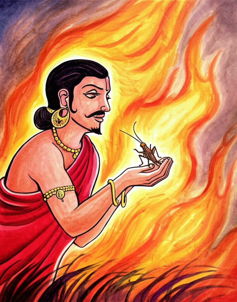 A watercolor illustration of Raja Rasalu saving a tiny cricket from a raging forest fire. The fire is depicted with vibrant reds, oranges, and yellows, consuming the forest in a chaotic inferno. Smoke billows into the sky, obscuring the sun. Raja Rasalu is carefully scooping up the cricket in his cupped hands, his face etched with compassion. The cricket is extending one of its feelers to him in gratitude. The textures are sharply contrasted: the smooth skin of Raja Rasalu’s hands, the delicate legs of the cricket, the crackling flames. The lighting is intense and dramatic, with the fire casting long, flickering shadows. The background is a swirling vortex of flames and smoke. The color palette is dominated by warm, intense colors, creating a sense of danger and urgency.