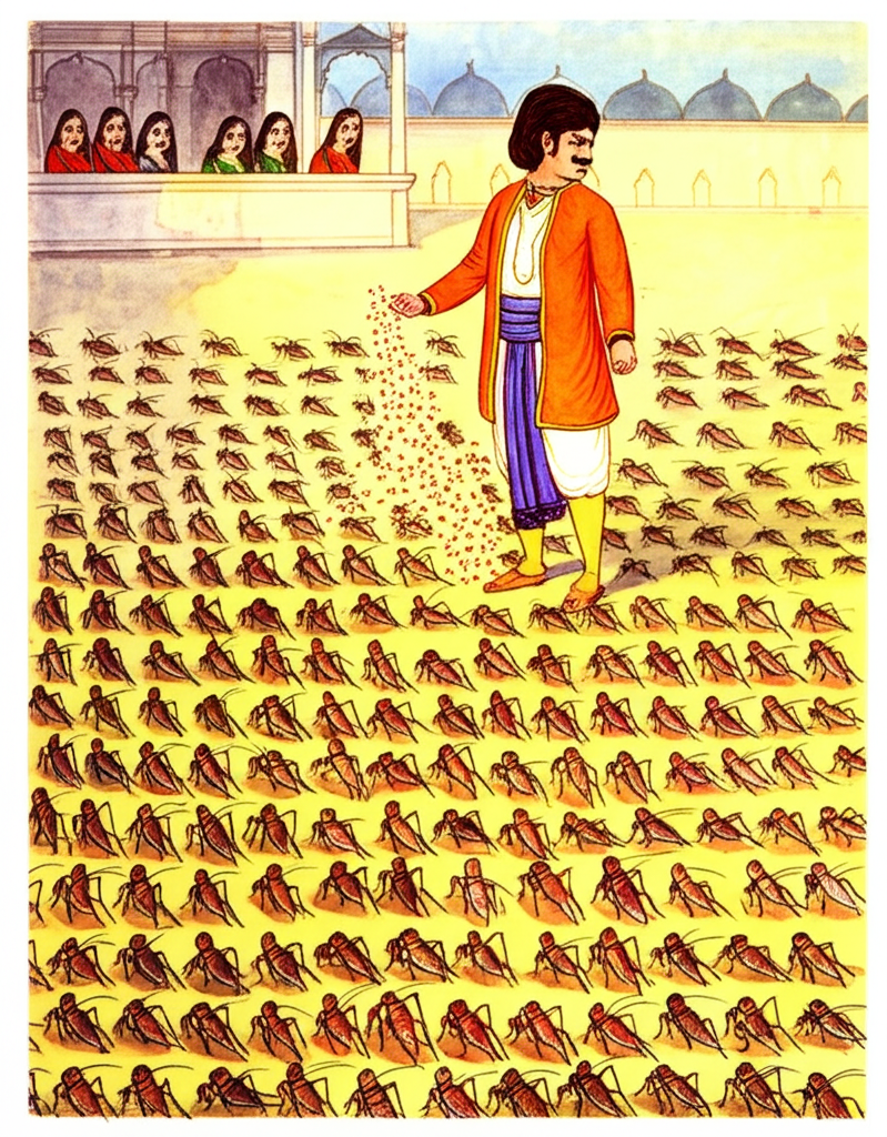 A watercolor illustration of Raja Rasalu separating millet seeds from sand with the help of countless crickets, all meticulously sorting the grains. The sixty-nine princesses are watching with astonished expressions from a nearby balcony, their eyes wide and their mouths agape. The scene is bathed in warm sunlight, casting long shadows. The crickets are arranged in neat rows, each diligently picking up a grain of millet and depositing it in a separate pile. The millet seeds are golden brown, and the sand is a mixture of white and yellow. The ground is covered with a layer of fine dust. Raja Rasalu stands at the center of the scene, his face calm and confident. The princesses are dressed in colorful silks, adding a touch of elegance to the scene. The color palette is warm and earthy, reflecting the natural elements involved. The texture of the millet seeds and sand is finely detailed.