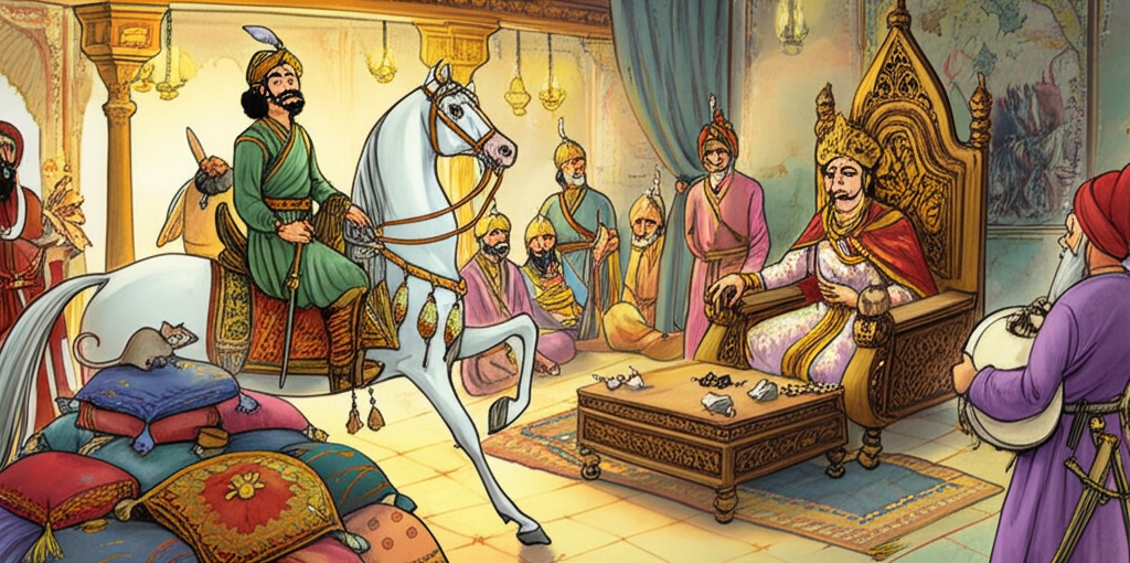 A watercolor illustration of Raja Rasalu on his Arabian horse, Bhaunr, playing dice against King Sarkap in his throne room. Servants and other court members are seated around the intricately carved, wooden game board to watch, their faces displaying a mix of anticipation and apprehension. Dhol Raja the rat, looking mischievous, observes the game from atop a pile of cushions, while a small, curious kitten paws playfully at his tail. The throne room is richly decorated with tapestries depicting scenes of hunting and warfare. The lighting is warm and inviting, emanating from numerous oil lamps. King Sarkap’s face is stern as he considers his next move, while Raja Rasalu maintains a composed expression. The color palette is rich and regal, with golds, reds, and blues dominating the scene. The textures are varied and detailed: the smooth wood of the game board, the soft velvet of the cushions, the gleaming metal of the dice.