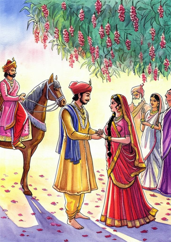A watercolor illustration of Raja Rasalu marrying Princess Kokilan under a flowering mango tree. The time of day is late afternoon, casting long, romantic shadows. Queen Lona and other members of the royal family watch happily from a short distance, their faces filled with joy and pride. Bhaunr the horse and the parrot are also present, standing respectfully to the side. Princess Kokilan is dressed in a beautiful red and gold sari, her face radiant with happiness. Raja Rasalu is smiling warmly at his bride. The mango tree is laden with fragrant blossoms, their petals falling gently on the couple. The ground is covered with colorful flowers. The overall color palette is warm and romantic, with pinks, reds, and golds dominating the scene. The watercolor style captures the softness and beauty of the occasion.