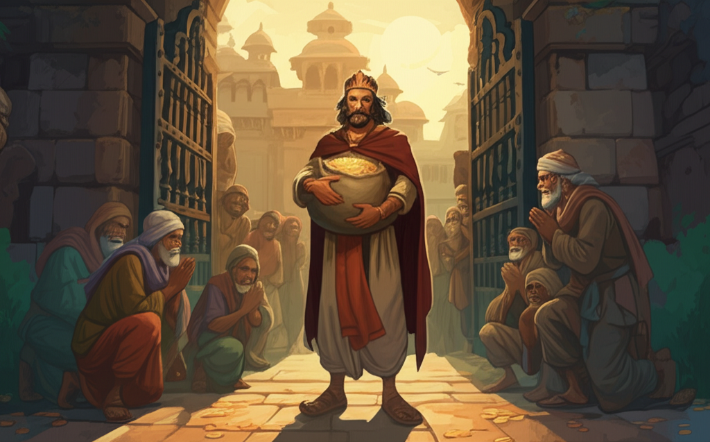 Watercolor illustration of King Harichand, with a deeply lined but kind face and wearing a tarnished, simple crown, handing a large, overflowing bag of shimmering gold coins to a group of poor villagers with grateful and hopeful expressions. Some villagers kneel in thanks. The scene takes place outside the weathered wooden palace gates, bathed in the soft, warm light of early morning, casting long shadows from the figures. Use a warm color palette of golds, ochres, and muted greens. The air is misty and fresh. The gate stone is slightly wet from dew. Style: Soft watercolor blending with a focus on realistic fabric textures and subtle light reflections on the coins.