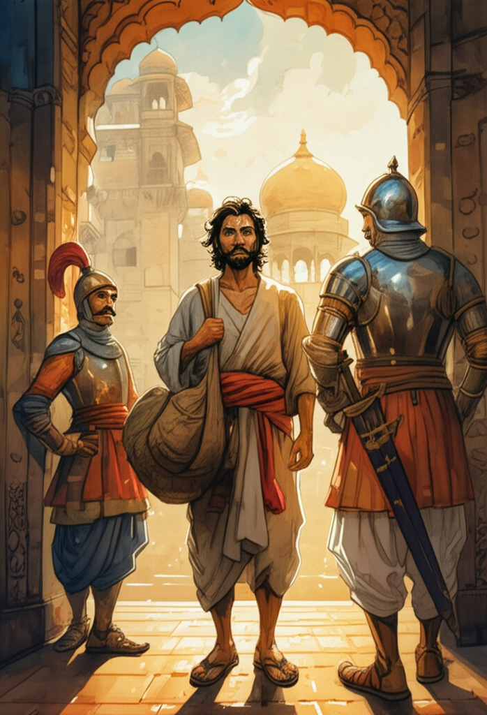 Watercolor illustration of a disguised God, with piercing, knowing eyes, depicted as a weary traveler in simple, earth-toned clothing, being turned away at the palace gates by two stern royal guards in gleaming but slightly scuffed armor. The guards are arrogant and dismissive. The palace, with intricate carvings and tall, imposing windows, is visible in the background, partially shrouded in a hazy, golden afternoon light. The sky is a mix of blues and oranges. Use a contrasting color palette - warm tones for the God, cool tones for the guards. The mood is tense and expectant. Style: Detailed watercolor with emphasis on the texture of the guards’ armor and the traveler’s worn clothes.
