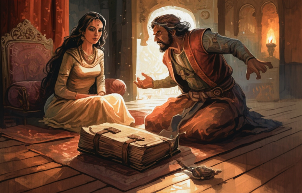 Watercolor illustration of Queen Bahan, depicted as intelligent and calm, with a serene expression and flowing dark hair, showing King Harichand a large, ancient book bound in leather and fastened with ornate metal clasps. The King looks angry and perplexed, his brow furrowed, gesturing wildly with his hand towards the book. The scene is within the royal chambers, showcasing ornate furniture crafted from dark wood, draped with rich, textured fabrics. A flickering candlelight source casts dramatic shadows on the walls. Use a rich, warm color palette of reds, golds, and browns to convey a sense of history and drama. The floor is polished wood with intricate designs. Style: Realistic watercolor with focus on textures of the book’s leather, the fabric of the furniture, and the emotional expressions of the characters.