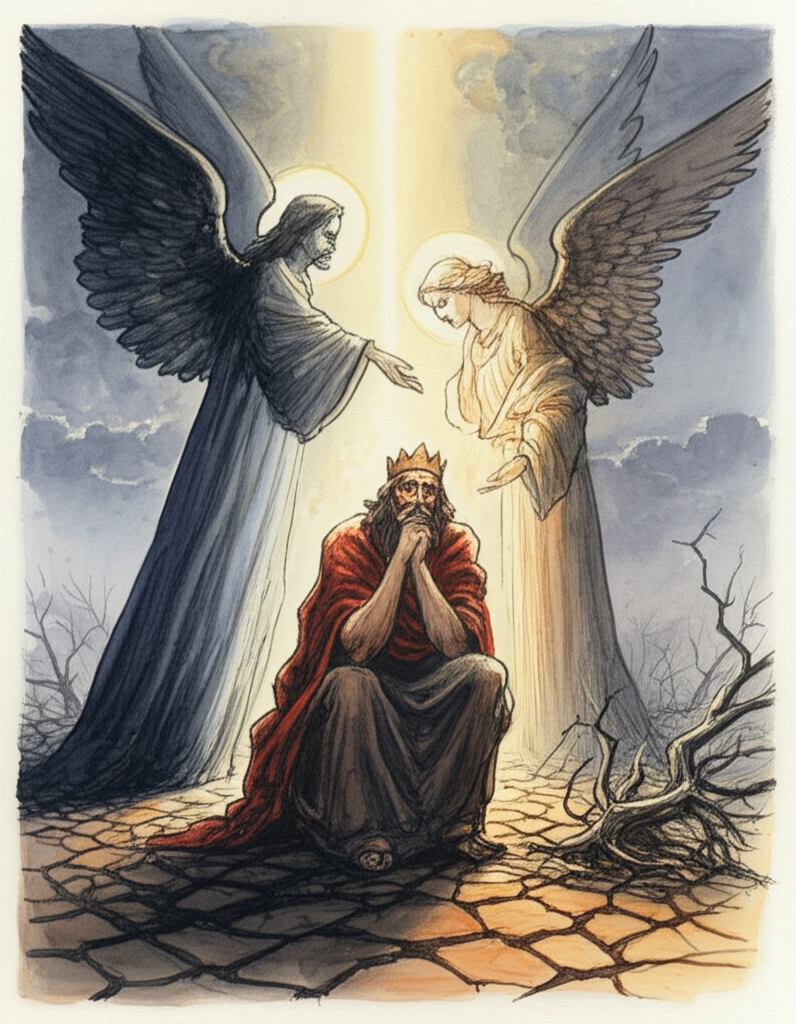Watercolor illustration of the angel duo, one radiating light and warmth, the other shrouded in shadow, presenting King Harichand with a stark choice: a dark, ominous storm cloud crackling with lightning on one side and a parched, cracked earth landscape with skeletal trees on the other. The King is deep in thought, his face etched with worry, clutching his chin and his eyes darting between the two options. The angels are ethereal, with feathered wings and glowing auras. Use a high-contrast color palette: blacks, greys, and stormy blues for the left; browns, yellows, and scorching oranges for the right. A single shaft of light illuminates the King. Style: Dramatic watercolor with loose washes and emphasis on light and shadow to create a sense of divine conflict.