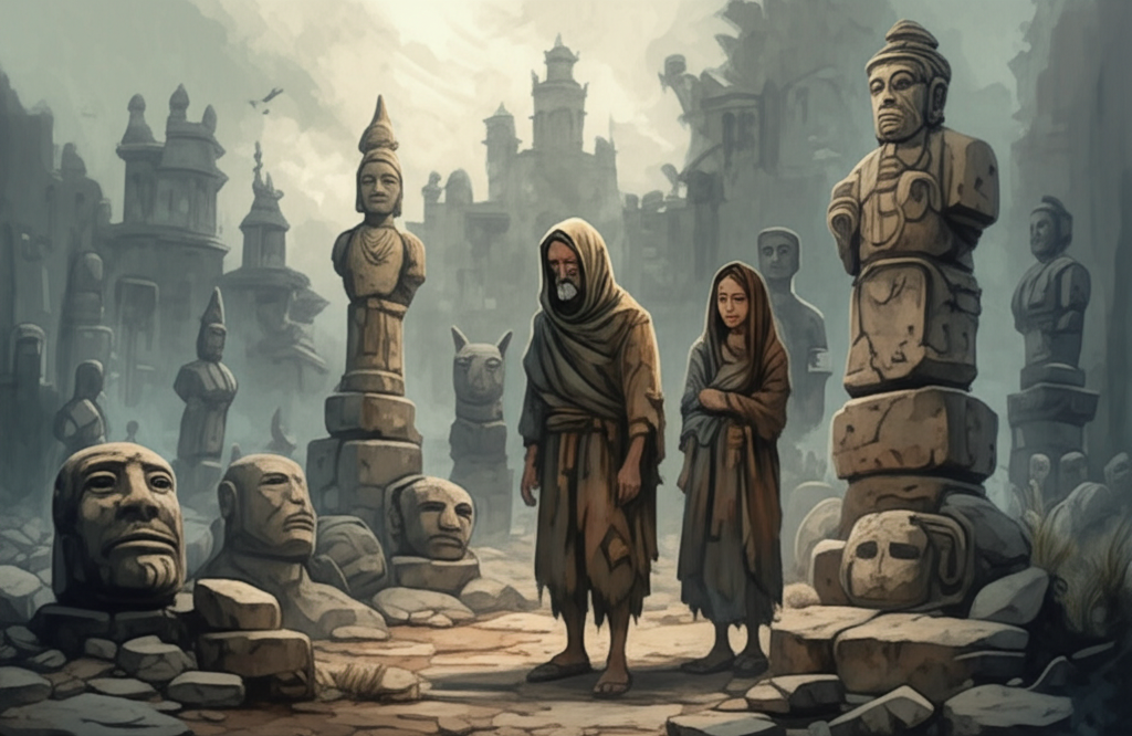 Watercolor illustration of King Harichand and Queen Bahan, dressed in tattered rags, their faces etched with sorrow and resignation, standing sadly amidst a desolate landscape of stone figures, including animals and people, frozen in various poses. The once grand palace stands behind them, also petrified, its windows like empty eyes. A grey, overcast sky hangs heavy above. Use a muted, desaturated color palette of greys, browns, and pale blues to convey the desolation and hopelessness. The stone figures are rough and weathered. Style: Expressive watercolor with a focus on depicting emotional distress and the decay of the landscape.