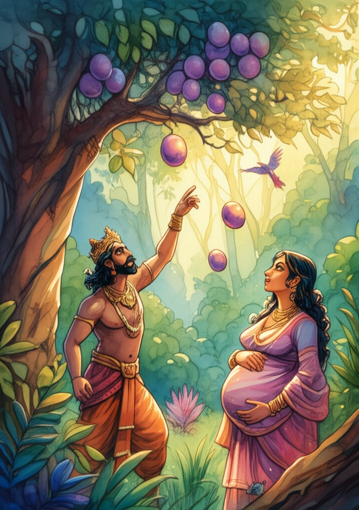 Watercolor illustration of King Harichand reaching for juicy, ripe plums on a tree, his fingers extended but the plums are tantalizingly floating just out of reach, shimmering slightly. Queen Bahan looks on with a longing expression, her stomach slightly swollen, perhaps hinting at pregnancy. A lush jungle background is filled with vibrant green foliage and colorful exotic birds. The sun filters through the leaves, creating dappled light. Use a vibrant, yet slightly bittersweet color palette of greens, purples, and reds. The air is humid and still. Style: Soft, dreamy watercolor with a focus on capturing the beauty and abundance of the jungle, juxtaposed with the King’s inability to reach the fruit.