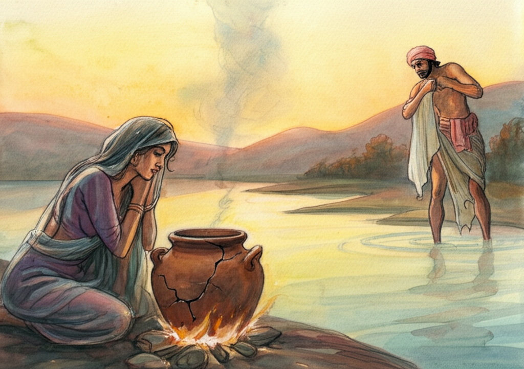 Watercolor illustration of Queen Bahan remorsefully watching a silver fish leaping out of a cracked, clay pot and back into a clear, rippling pond. A small cooking fire burns weakly under the pot, a wisp of smoke curling upwards. King Harichand is returning from his bath in the background, drying himself with a rough, homespun cloth. The scene is bathed in the warm, golden light of late afternoon. Use a warm, earthy color palette with accents of silver and blue. The broken clay pot shows the ravages of their hardship. Style: Detailed watercolor capturing the textures of the clay pot, the scales of the fish, and the simple fabric.