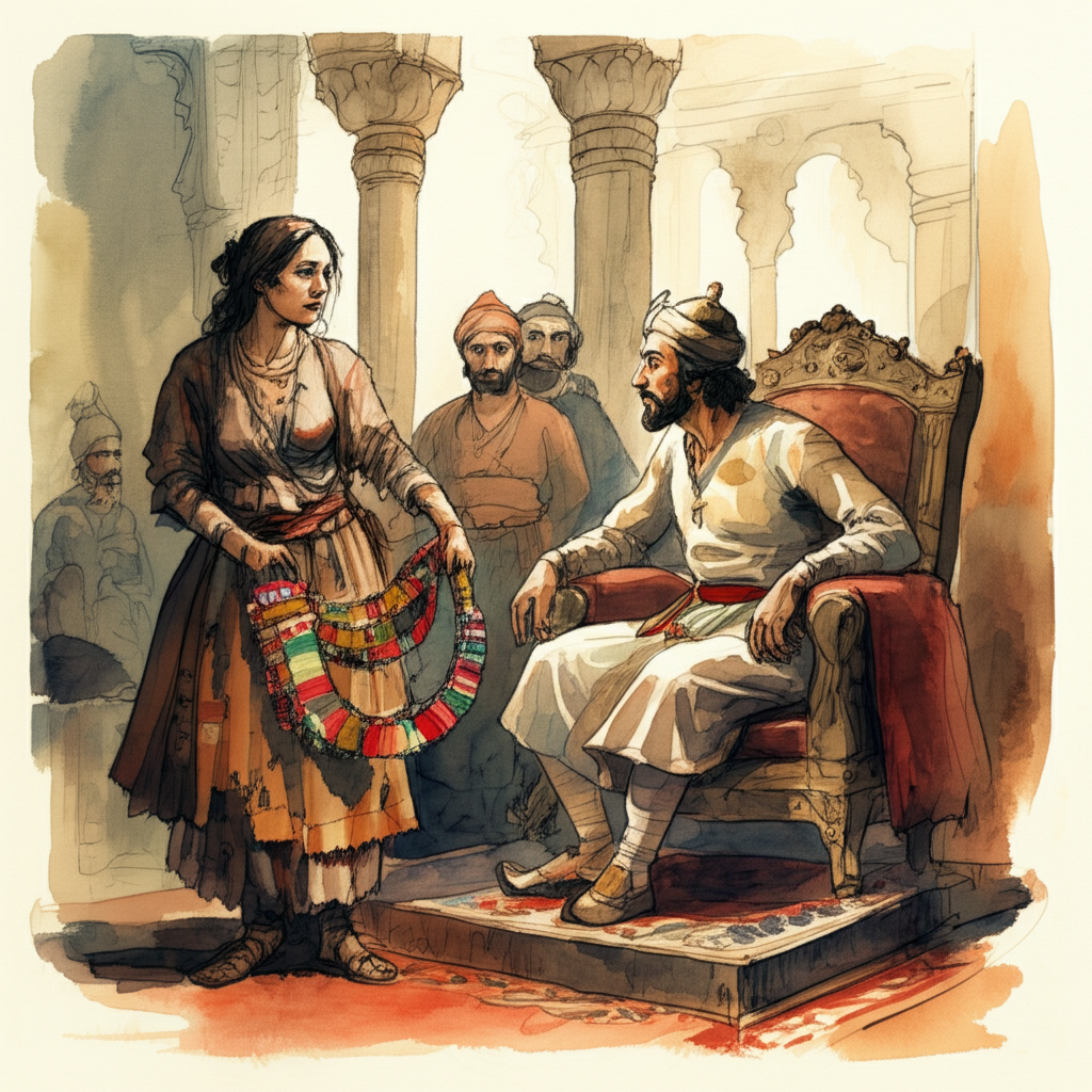 Watercolor illustration of Queen Bahan, in tattered, patched clothes, her face weary but her eyes bright, presenting a beautifully crafted horse collar made of colorful silk scraps to King Nal, who is sitting on his elaborate throne, surrounded by his courtiers, looking at her with surprise and compassion. The collar is a riot of colors, a symbol of her lost skill. The palace interior is opulent, but showing signs of disrepair. Use a contrast between the dull colors of Bahan’s clothes and the vibrant colors of the horse collar and the regal colors of Nal’s court. Lighting is provided by tall windows. Style: Focused watercolor illustration emphasizing the contrast between poverty and royalty, hope and despair, while capturing the emotions of the characters.