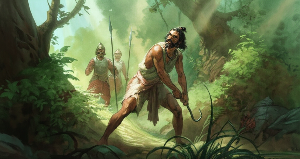 Watercolor illustration of King Harichand, in rags, his back muscular and sunburned, cutting grass in a dense jungle with a small, rusty hook, his movements careful. Two royal guards, stern-faced and armed with spears, are approaching him from behind, their armor gleaming in the dappled sunlight, causing him to look up with alarm and a flicker of fear in his eyes. A vibrant jungle backdrop, teeming with life, surrounds them. Use a vivid color palette of greens, browns, and ochres to evoke the heat and humidity of the jungle. Style: Realistic watercolor with fine brushwork to capture the details of the jungle vegetation and the characters’ expressions.