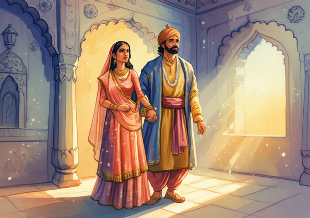 Watercolor illustration of King Harichand and Queen Bahan, now regally dressed in shimmering silk robes, their faces filled with amazement and relief, discovering a gold necklace with intricate jeweled details reattaching itself to a faded patch on a wall in their simple but clean room at King Bhoj’s palace. Light streams through a window illuminating the wall and the necklace. The couple stand close, hand in hand, their ordeal seemingly over. Use a bright, hopeful color palette with golds, blues, and greens to symbolize renewal and restoration. The textures of the silk robes and the gold necklace should be highly detailed. Style: Luminous watercolor with a focus on capturing the moment of magical restoration and the couple’s emotions.