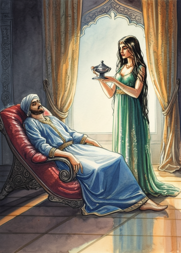 Watercolor illustration of Prince Gursan asleep in a grand palace room, slumped precariously on a heavily cushioned chair upholstered in deep crimson velvet. The room is dimly lit, early morning light filtering through a tall, arched window draped with heavy gold brocade curtains. Dust motes dance in the sunbeams, creating a hazy atmosphere. Princess Khelapari stands patiently beside him, her face etched with concern. She holds a shiny, ornate silver cup of water, its surface reflecting the soft light. The wooden floor is polished to a high gloss, reflecting the room’s details. Shadows stretch long and cool across the floor. Prince Gursan’s face is pale and relaxed, his hands resting limply in his lap. His robes are a rich sapphire blue silk, slightly rumpled. Princess Khelapari wears a flowing gown of emerald green, accented with delicate gold embroidery. Soft blending and natural flow consistent with watercolor style. Emotional tone: gentle, concerned.