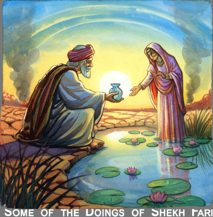 Watercolor illustration of Princess Khelapari offering water to a wizened, kindly-looking Shekh Farid by a small, tranquil pond reflecting the azure sky. The time of day is late afternoon, casting long, warm shadows. The water lilies float serenely on the pond’s surface. Princess Khelapari’s face is illuminated by the warm sunlight, showing a mixture of respect and hope. Shekh Farid’s wrinkled face is etched with wisdom, his eyes twinkling with kindness. He is dressed in simple, earth-toned robes. In the background, a plume of thick, black smoke rises in the distance, hinting at a devastating fire. Dry, cracked earth surrounds the pond’s edge. The emotional tone is hopeful yet ominous. Colors lean towards earthy tones with vibrant pops of emerald green and azure blue. Watercolor textures should emphasize the roughness of the earth and the smoothness of the water.