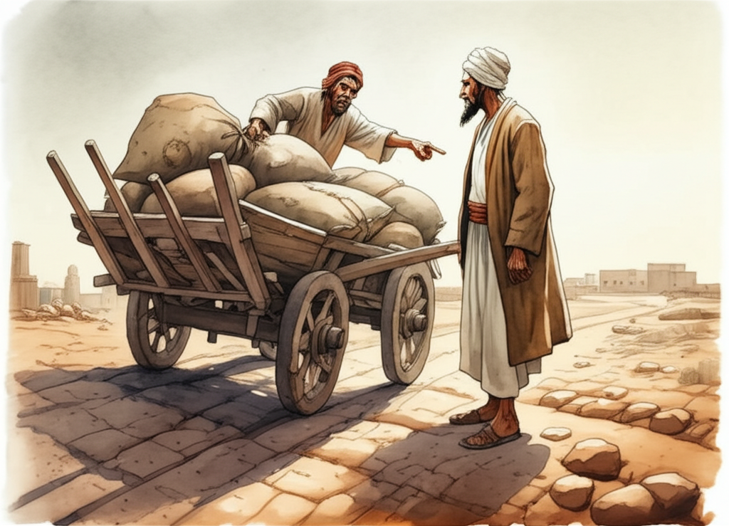 Watercolor illustration of Shekh Farid standing beside a dilapidated wooden cart laden with heavy, burlap sacks tied with rough twine. The driver, a burly man with a sweat-stained brow, looks disgruntled and points angrily at the sacks with a calloused hand. The surrounding landscape is a dusty, cracked road leading to a distant, parched village shimmering in the heat. The midday sun beats down mercilessly, casting harsh shadows. The burlap sacks are faded and worn, showing patches of dirt and wear. Shekh Farid’s expression is calm and composed. The color palette is dominated by browns, ochre, and muted greens, reflecting the aridity of the landscape. Emphasize watercolor texture in the rough wood of the cart, the coarse burlap sacks, and the dry, cracked earth. Artistic style should convey a sense of desolation and hardship.