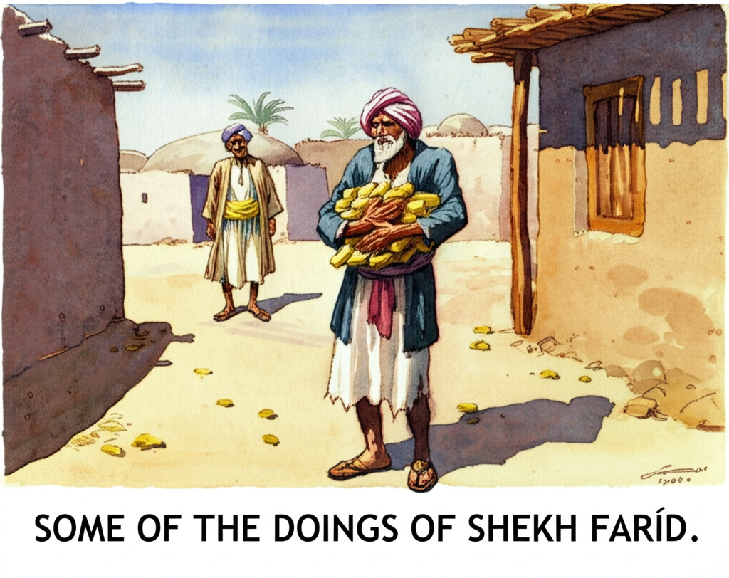 Watercolor illustration of a simple village scene where one villager, his eyes glinting with greed, has several heavy gold bricks clutched tightly under his arms. He wears ragged clothes, contrasting sharply with the gleaming gold. The traveler Shekh Farid stands nearby, looking at him with an expression of disappointment tinged with sadness. The surrounding landscape is a dusty dirt road with small, sun-baked mud houses. The time of day is midday, with the sun casting strong shadows. The expressions of the other villagers should depict a mixture of awe, envy and distrust. The color palette should be muted and earthy, except for the bright, almost jarring, gold. Emphasize the texture of the rough mud walls and the dusty road. Watercolor effects should suggest a hot, oppressive atmosphere.