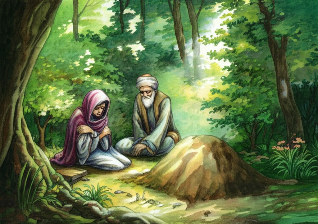 Watercolor illustration of a grieving Fakir-achand and his wife kneeling beside a small, freshly dug mound of earth, burying their only son in a serene jungle clearing. Their faces are wracked with sorrow, tears streaming down their cheeks. Shekh Farid stands nearby, his posture conveying deep compassion and empathy. The light filters through the dense canopy above, creating dappled shadows on the ground. The jungle is lush and green, but the atmosphere is heavy with grief. The small mound of earth is covered in wildflowers. The color palette is dominated by deep greens and browns, with accents of bright floral colors to contrast with the somber mood. Emphasize the textures of the leaves, the earth, and the coarse cloth of their garments. Soft blending and natural flow create an empathetic mood.