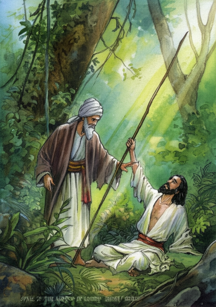 Watercolor illustration of Shekh Farid gently touching a long, thin, gnarled wooden stick to the prone body of Mohandas, who begins to sit up slowly, his eyes wide with confusion and wonder. The scene is set in a lush, overgrown jungle undergrowth. Sunlight streams through the leaves, illuminating the scene in a soft, ethereal glow. Vines twist and climb around the trees, creating a dense and tangled background. Mohandas’s clothes are tattered and dirty. Shekh Farid’s face is calm and focused. The color palette is dominated by rich greens and browns, with splashes of sunlight. Emphasize the textures of the bark, leaves, and cloth. Watercolor effects should suggest a sense of mystery and transformation.