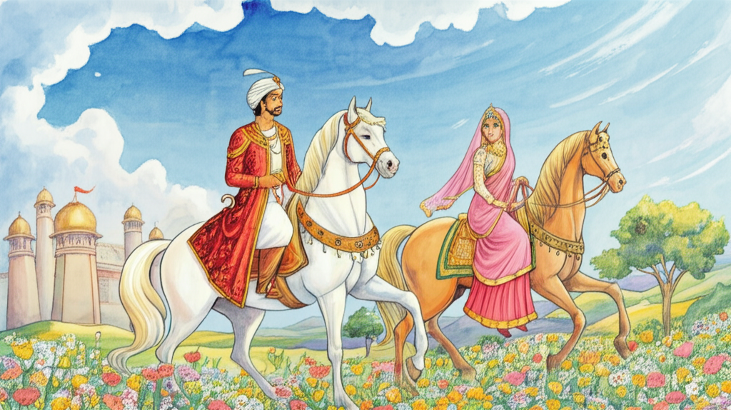 Watercolor illustration of Mohandas, now dressed in regal finery of crimson and gold brocade, riding a beautiful white horse with a flowing mane and tail. He encounters Princess Champakali riding her own elegant palomino horse in a vibrant field of wildflowers. Both horses are adorned with elaborate saddles. The backdrop shows the towering, ornate walls of King Dumkas’ majestic palace, crafted from sandstone. The sky is a clear azure blue with fluffy white clouds. The light is warm and golden, suggesting late afternoon. Mohandas’s expression is a mixture of confidence and surprise. Princess Champakali looks elegant and composed. The color palette is rich and vibrant, with a strong emphasis on gold, crimson, and blue. Emphasize the textures of the silk, leather, and stone. Watercolor effects should create a sense of grandeur and romance.