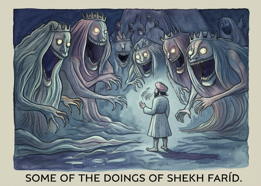 Watercolor illustration of Mohandas and Shekh Farid standing defiantly before a group of monstrous creatures with gaping mouths and empty stomachs, their eyes glowing with an eerie light. These creatures resemble twisted parodies of royalty. In the background, faint, ghostly figures of kings and princes are faintly visible within the monsters’ translucent forms, trapped within their gluttony. The scene is dimly lit, illuminated only by the monsters’ eerie glow and faint moonlight. The overall tone is dark and unsettling. Mohandas and Shekh Farid appear determined and fearless. The color palette is dominated by dark blues, purples, and greens, with accents of eerie light. Emphasis should be on rendering texture through layering of color and washes, creating the impression of ethereal forms. Watercolor techniques to evoke fear and corruption.