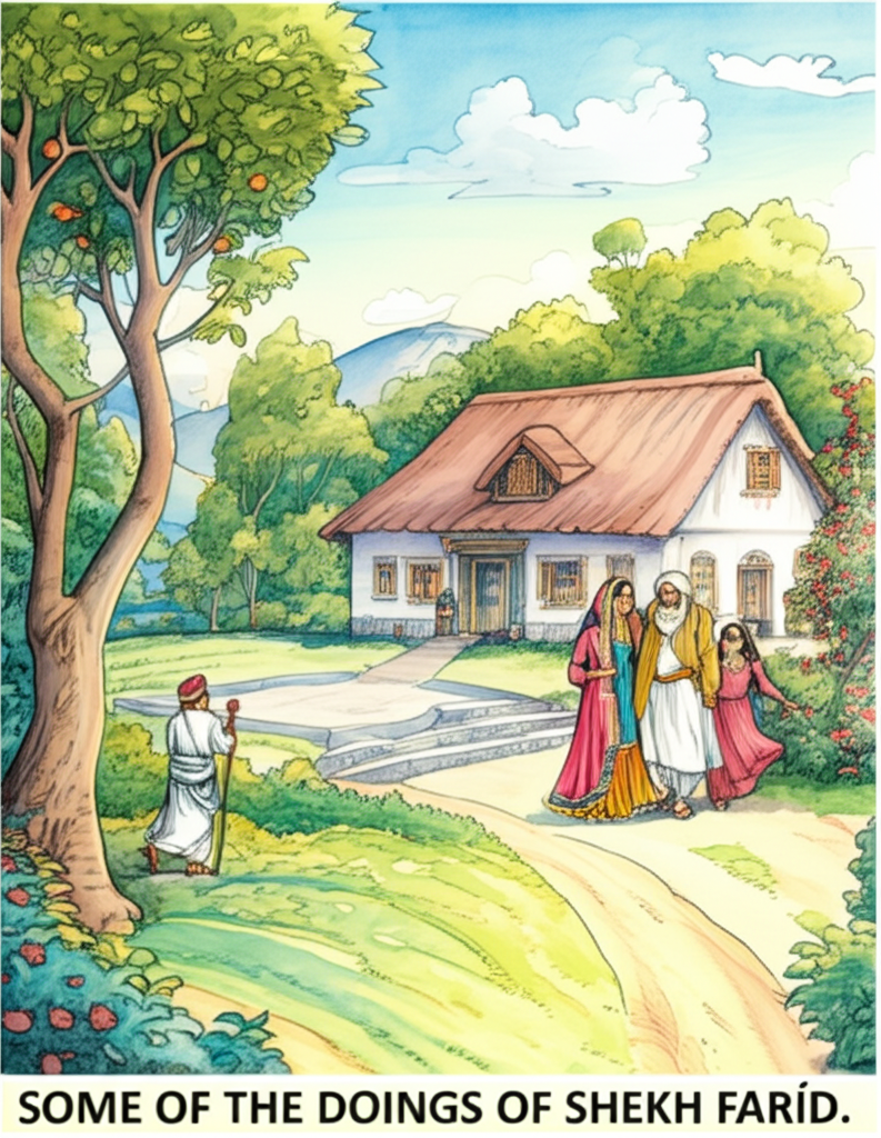 Watercolor illustration of a humble cottage magically transformed into a beautiful palace, its walls gleaming white and its windows sparkling in the sunlight. It is set in a lush, green landscape filled with blooming flowers and fruit trees. Mohandas, Princess Champakali, and Fakir-achand’s family stand in front of the palace, beaming with happiness. They are dressed in fine clothes. Shekh Farid, staff in hand, walks away down a dusty road, his silhouette fading into the distance. The sky is a bright blue with a few fluffy white clouds. The color palette is vibrant and joyful, with a strong emphasis on greens, blues, and golds. Emphasize the textures of the stone, wood, and fabric. Watercolor effects should suggest a sense of peace, prosperity, and gratitude. Emotional tone is joyous and contented.