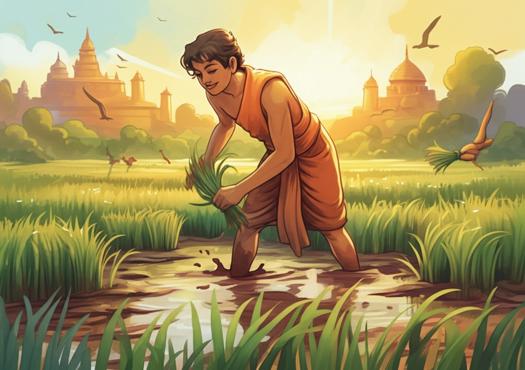 Watercolor illustration, bathed in the warm, golden light of early morning, of a young man, representing the future Buddha, planting rice seedlings in a lush green field. Dew clings to the emerald blades of rice. His face is serene and focused, with a gentle smile playing on his lips. He wears simple, earth-toned robes. The rich brown mud splashes slightly as he works. The king’s city of Benares can be seen distantly in the background, rendered in soft, muted tones of ochre and faded blues, partially obscured by a gentle morning mist. Birds flit amongst the distant rooftops. The artistic style should emulate traditional watercolor with soft blending and natural flow.