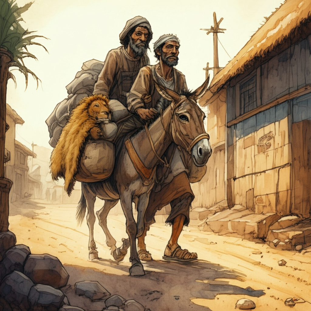 Watercolor illustration, illuminated by the harsh midday sun, of a traveling salesman with a weathered face etched with years of hardship, leading a donkey laden with goods towards a village. Deep lines frame his eyes, conveying a mix of exhaustion and weary determination. He wears a dusty brown tunic and sandals. The donkey, its fur matted and dusty, is partly obscured by a neatly folded lion’s skin on its back, appearing stiff and unnatural. The dusty road kicks up small clouds of beige dust. The village ahead is small, with thatched roofs and simple wooden structures baking in the heat. The color palette leans towards warm browns, yellows, and muted greens, reflecting the dry landscape. Emphasis on watercolor textures and natural flow of paint.