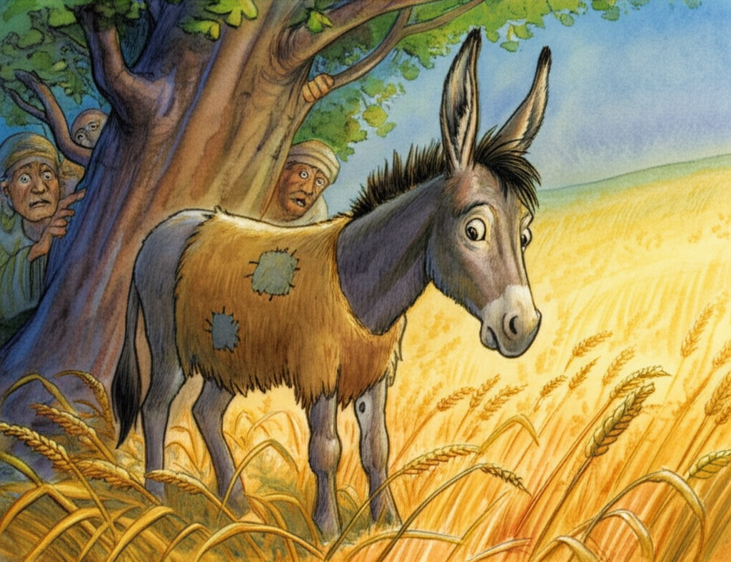 Watercolor illustration, in the soft glow of late afternoon, of a donkey, covered in a somewhat ill-fitting and slightly askew lion’s skin, standing in a field of golden barley. The donkey looks slightly awkward and out of place, its ears drooping slightly, with villagers hiding timidly behind gnarled trees in the background. Their faces are filled with wide-eyed fear, peering from behind rough tree bark. The lion’s skin is faded and patched, and the donkey’s own grey fur peeks through in places. The barley field is swaying gently in a light breeze. The color palette uses warm yellows and greens, contrasted by the cool blues and purples of the approaching dusk. Watercolor effects should emphasize the texture of the barley and the rough bark of the trees.