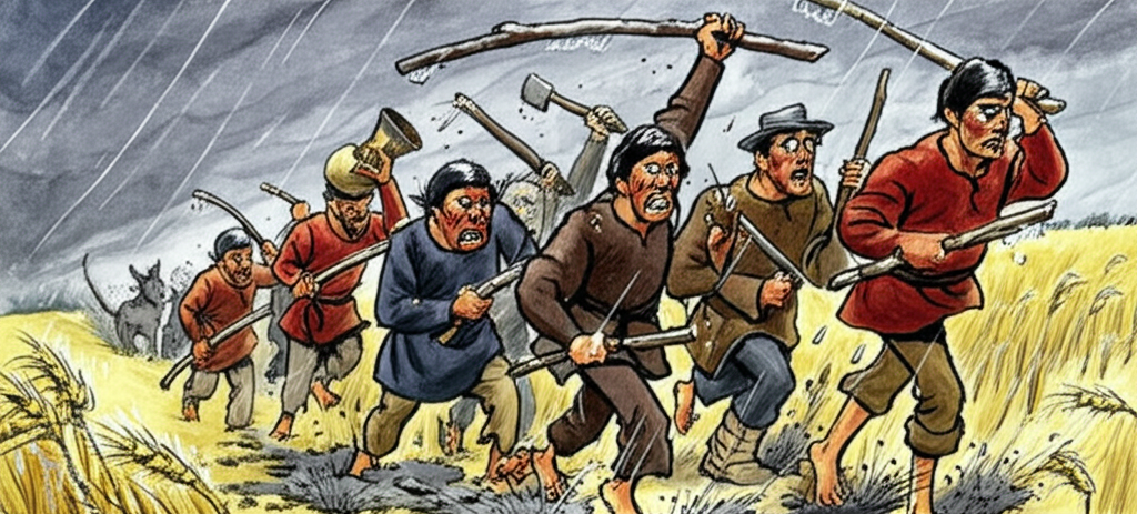 Watercolor illustration, under a stormy, grey sky threatening rain, of villagers armed with sticks and farm tools charging towards a field of barley. Their faces are contorted with expressions of fear and determination, eyes wide and brows furrowed. Some are blowing cracked, earthenware horns and banging on dented drums, creating a cacophony of sound. Mud splatters their bare feet and simple clothing. A ’lion-donkey’ is visible in the distance, a small, awkward silhouette against the golden barley. The color palette is dominated by greys and browns, punctuated by splashes of red on the faces and clothing of the villagers, conveying the urgency and fear of the scene. Emphasize the textural contrast between the smooth watercolor sky and the rough rendering of the villagers and their tools.