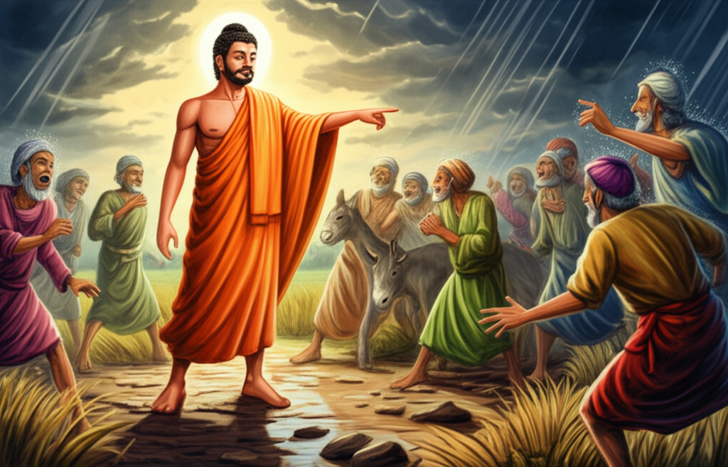 Watercolor illustration, in the serene light filtering through a break in the storm clouds, of the future Buddha standing calmly in the middle of the frantic villagers. His robes are a calming shade of saffron. He points towards the ’lion-donkey’ with a knowing expression, his eyes filled with compassion and amusement, his demeanor contrasting sharply with the chaos around him. The villagers around him are a blur of motion and fear. The rain-soaked barley field glistens in the newly emerged sunlight. His bare feet are firmly planted on the muddy ground. Use a brighter, more saturated palette for the Buddha, emphasizing his calm and illuminating presence against the darker, more muted tones of the surrounding chaos. Showcase the soft blending of colors and the natural flow of watercolor to emphasize his tranquility.