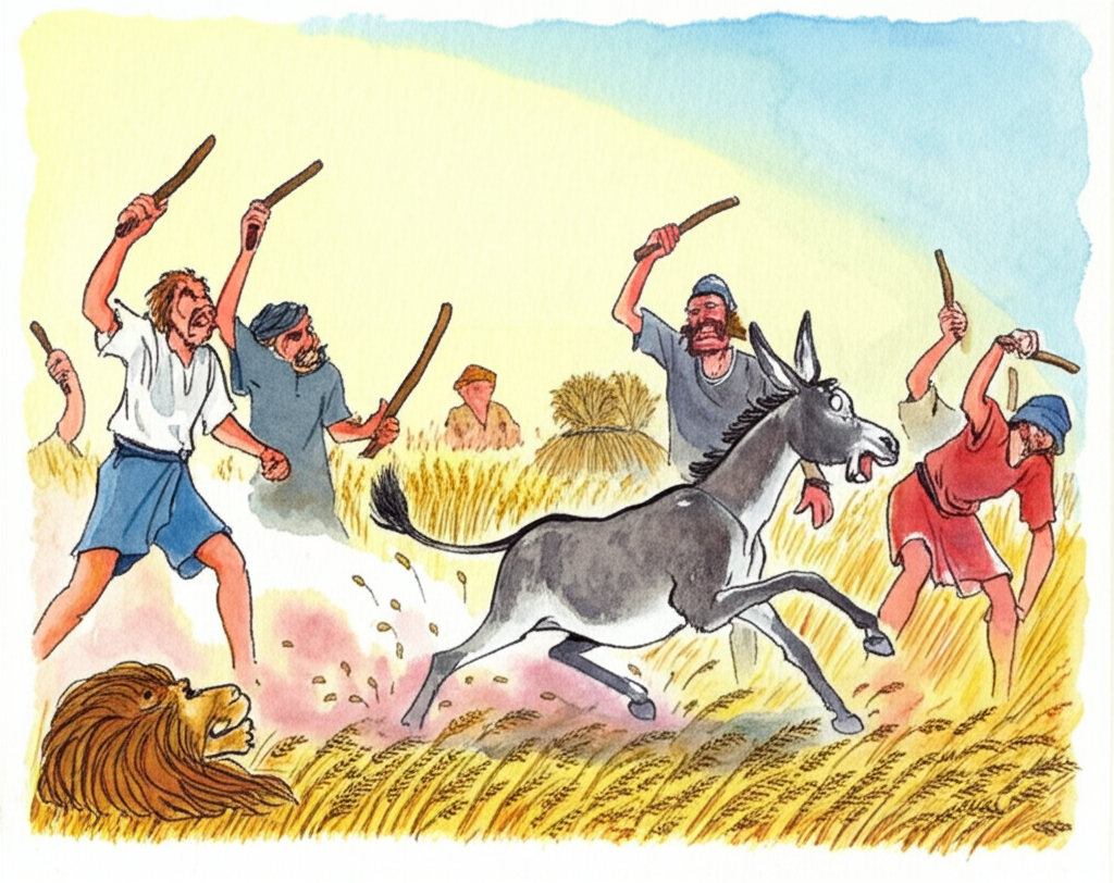 Watercolor illustration, under a bright, unforgiving sun, of the donkey, no longer in disguise, being beaten by angry villagers in the barley field. The villagers’ faces are twisted in rage, their sticks raised high. The lion skin lies discarded nearby, tattered and torn. The donkey’s expression is one of pain and fear, its eyes wide with terror, its body cowering. Dust and straw fly up around the donkey’s hooves. The color palette is harsh and bright, with strong contrasts between the light and shadows, reflecting the violence of the scene. Focus on capturing the movement and energy of the villagers and the donkey’s suffering through dynamic watercolor techniques.