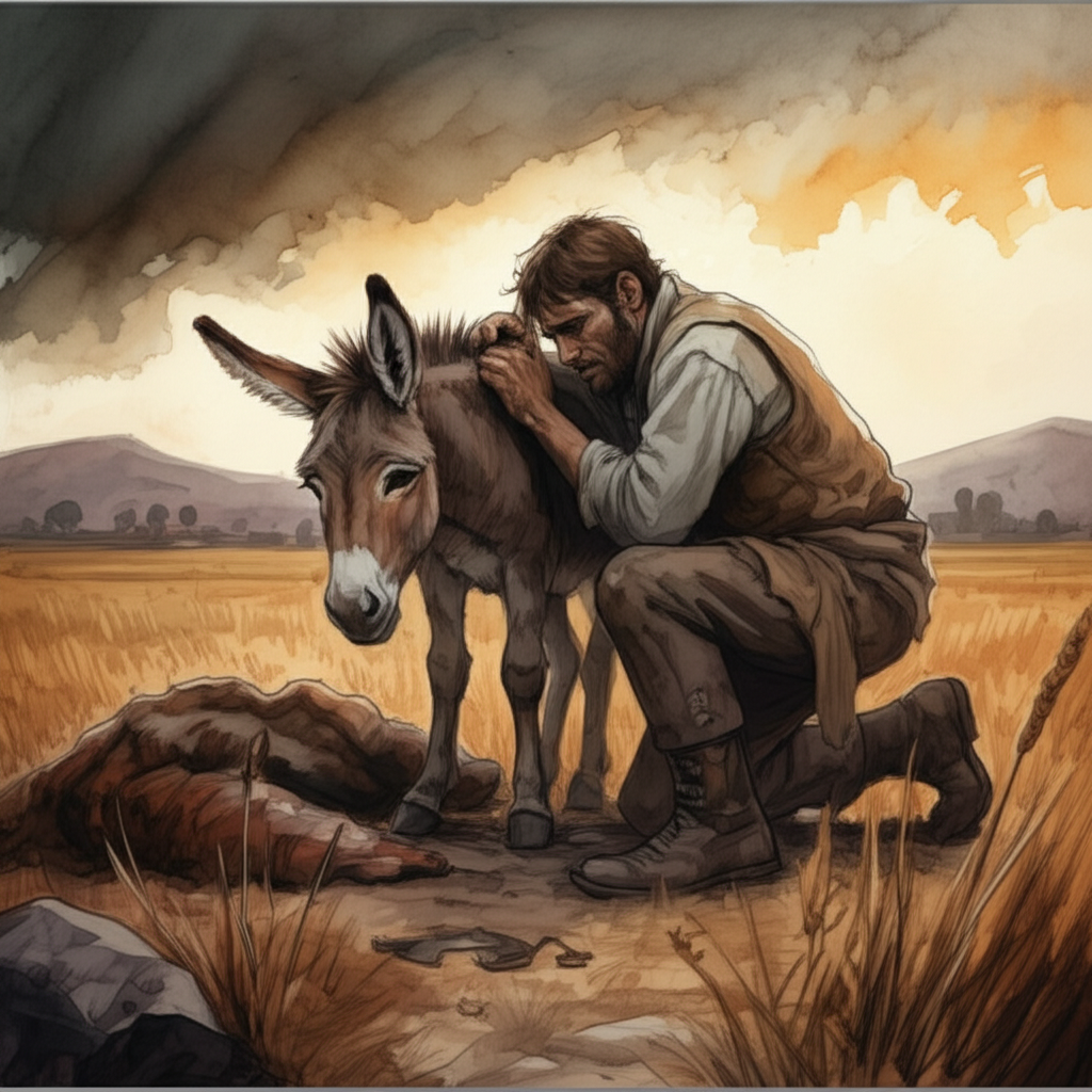 Watercolor illustration, in the fading light of dusk, of the traveling salesman kneeling beside his injured donkey in the field. The donkey’s breathing is shallow and ragged. He looks down at the donkey with a mixture of sadness and frustration, his face etched with regret. One hand rests gently on the donkey’s flank, the other covers his face in distress. The discarded lion skin lies a few feet away. The barley field is now a subdued shade of gold. Use a palette of muted browns, greys, and purples to create a melancholic and somber atmosphere. Emphasize the texture of the salesman’s worn clothes and the donkey’s rough fur with layered watercolor washes.