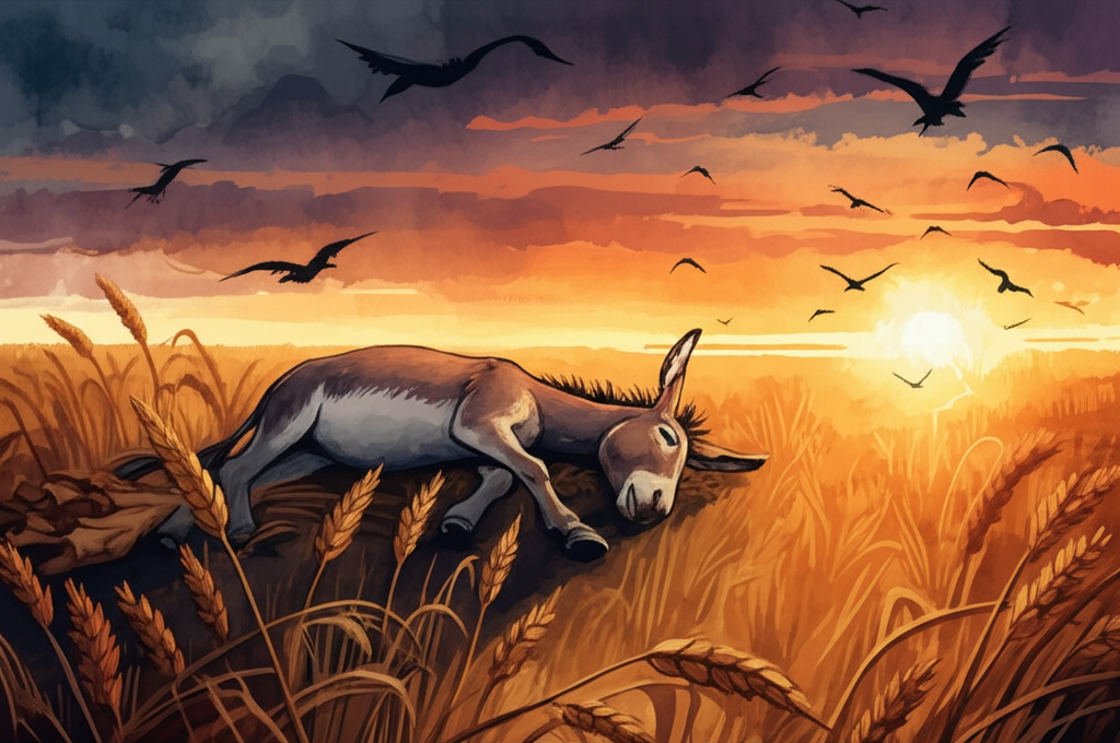 Watercolor illustration, under a vast, empty sky tinged with the orange and purple hues of the setting sun, of a dead donkey lying in a field of barley. The discarded lion’s skin lies beside the donkey as a symbol of his deception. The donkey’s body is still and lifeless, casting a long shadow across the field. A few crows circle overhead. The setting sun casts a melancholic light over the scene, creating long, dramatic shadows. Use a palette of deep oranges, purples, and browns to create a sense of desolation and loss. Emphasize the texture of the dry barley stalks and the cracked earth with meticulous watercolor detailing, creating a stark and haunting image.