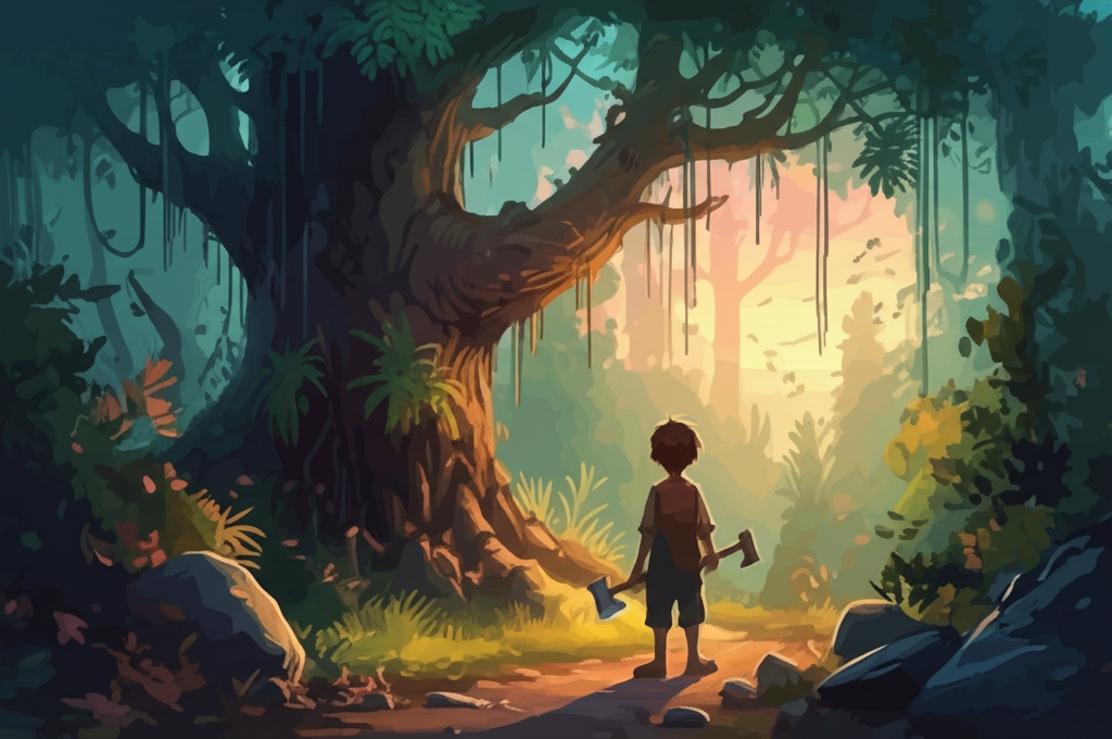 Watercolor illustration of the grain seller’s son in a dense, emerald forest, standing before a colossal mango tree with a worn, well-used axe in his hand, looking expectantly upwards at the gnarled branches. The sun is setting, painting the sky in hues of fiery orange, deep purple, and soft rose. Long, dramatic shadows stretch across the forest floor. Highlights glint off the axe blade and the sweat on the son’s brow. His expression is a mixture of determination and slight apprehension. Thick moss clings to the tree trunk. The forest floor is littered with fallen leaves in various shades of brown and red. Soft blending and natural flow typical of watercolor. Emotional tone: hopeful, slightly melancholic.
