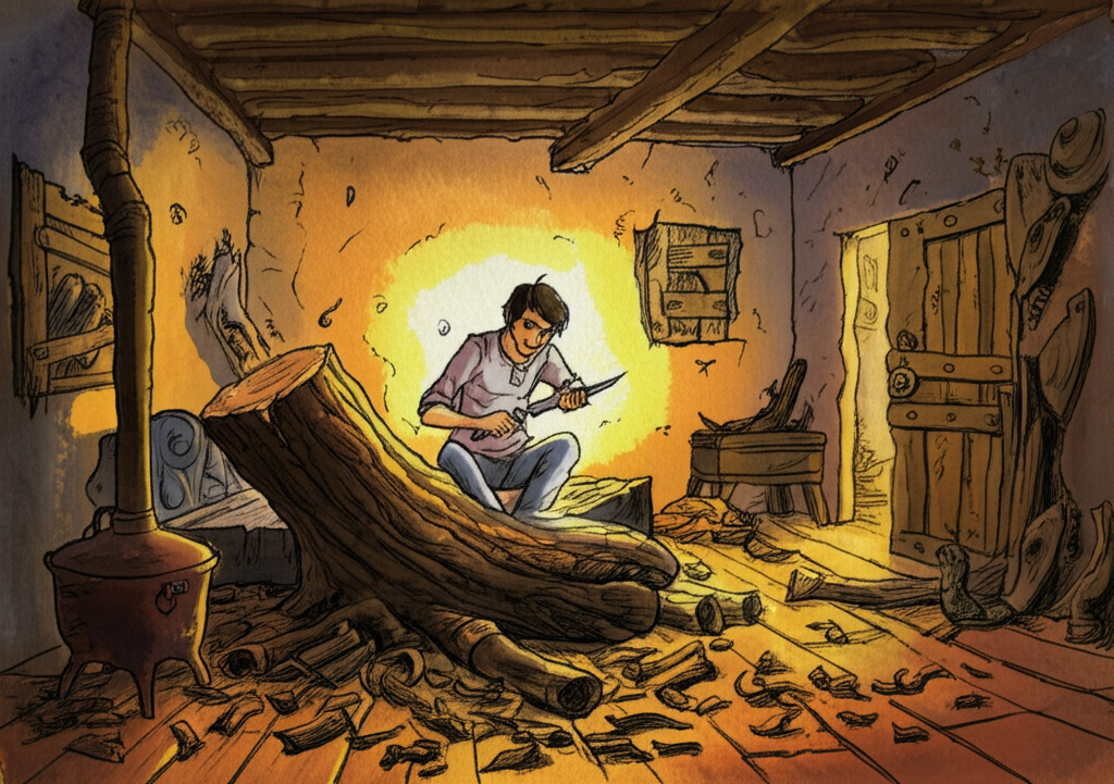 Watercolor illustration of the grain seller’s son inside a cramped, rustic room. The air is thick with the scent of mango wood, and dust motes dance in the single shaft of light piercing through a crack in the boarded-up window. He’s diligently carving an ornate bed from a massive mango tree trunk, his face illuminated by the flickering light of a small fire burning in a rusty brazier in the corner. Wood shavings blanket the rough, uneven wooden floor. His wife peers anxiously through a crack in the roughly hewn door, her face etched with worry and concern. Her hands are clasped tightly in front of her. The walls are made of roughly plastered clay. The color palette is warm, dominated by browns, oranges, and yellows, creating a sense of intimacy and desperation. The artistic style remains consistent watercolor, emphasizing soft blending and natural flow. Emotional tone: anxious, determined, intimate.