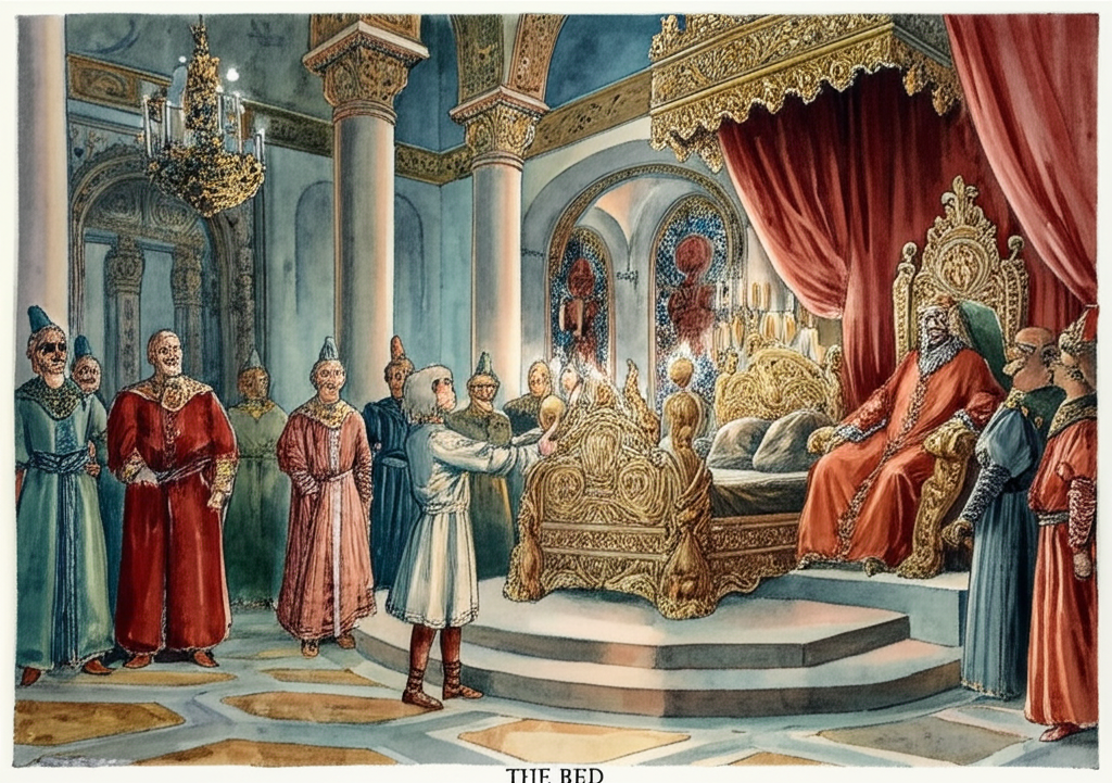 Watercolor illustration of the grain seller’s son presenting the finished ornate bed to the king in his opulent royal court. The bed is intricately carved with flowers and mythical creatures. Servants and courtiers in elaborate robes of velvet and silk look on in awe and amazement, their faces reflecting the soft glow of numerous candles and the light filtering through stained-glass windows. The king sits on his throne, draped in rich crimson fabric, his expression a mixture of curiosity and regal indifference. Marble pillars and ornate tapestries adorn the walls. The floor is polished to a mirror shine. The color palette is rich and vibrant, dominated by reds, golds, and blues, conveying a sense of grandeur and majesty. Consistent watercolor style with emphasis on details and blending. Emotional tone: celebratory, awestruck, formal.