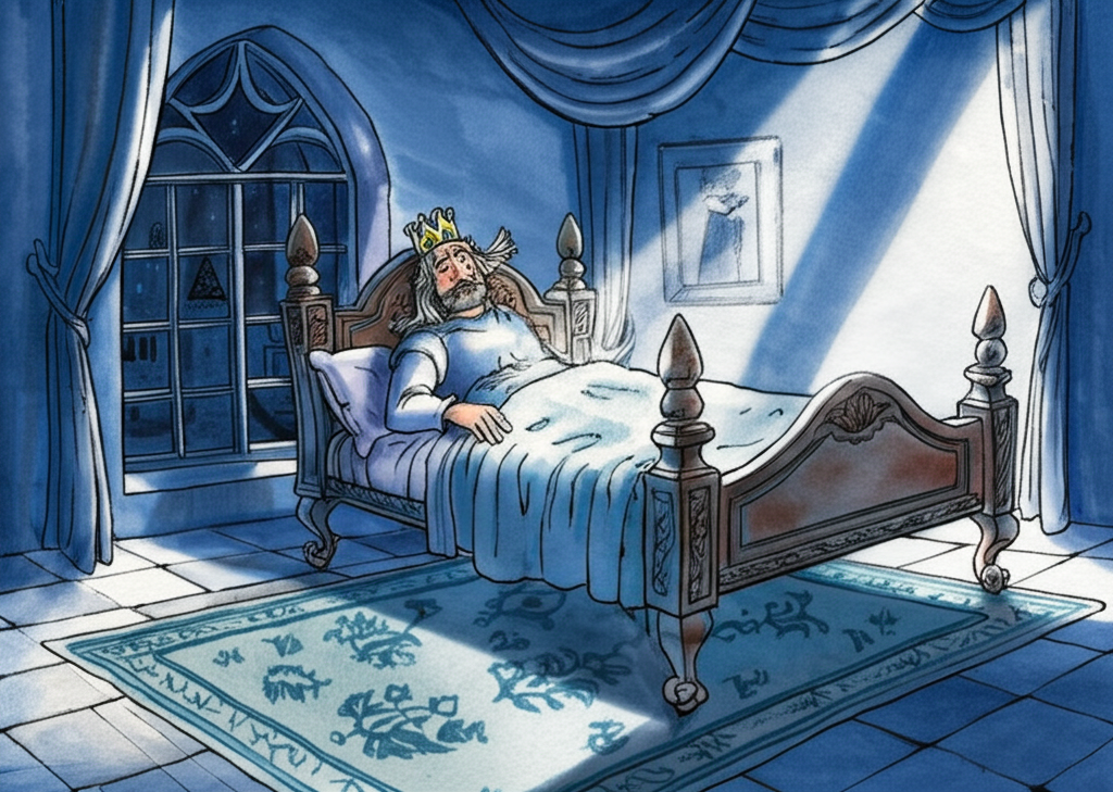 Watercolor illustration of the king lying awake on the magical bed at night in his large, sparsely furnished chamber. The moonlight streams through a tall arched window, casting long, silver shadows across the room. One of the bed’s legs, gnarled and wooden, is depicted sneaking silently out of the room, its movement almost imperceptible. The other three legs remain steadfast under the bed, holding the king steady. He looks on with a sleepy, slightly confused expression. A single, intricately patterned rug lies on the cold stone floor. A heavy, velvet curtain hangs loosely by the window. The color palette is muted and cool, dominated by blues, greys, and silvers, creating a sense of mystery and unease. Consistent watercolor style with a focus on light and shadow. Emotional tone: mysterious, slightly comical.