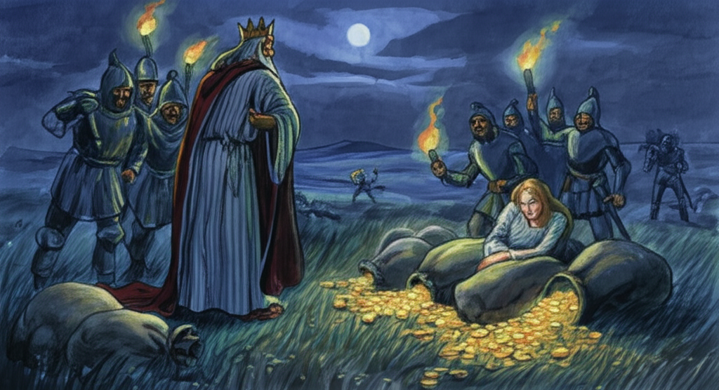 Watercolor illustration of the king, clad in his nightclothes and looking furious, surrounded by his heavily armed soldiers, discovering his sleeping daughter and overflowing bags of gold in a moonlit field. The field stretches into the distance under a silvery moonlight. The daughter is curled up asleep, unaware of the commotion. The thieves are depicted fleeing in the distance, their figures silhouetted against the horizon. The soldiers hold torches that cast flickering, dramatic light. The bags of gold are spilling their contents onto the dewy grass. The air is thick with tension. The color palette is dominated by blues, silvers, and the warm orange of the torchlight, creating a dramatic and suspenseful atmosphere. Consistent watercolor style emphasizing textures of fabric and grass. Emotional tone: angry, betrayed, suspenseful.